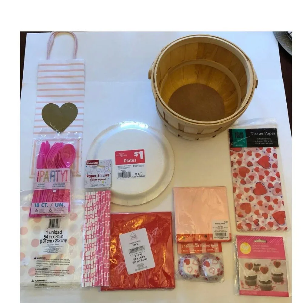 Supplies for a Make your own, Valentine's Day Gift Basket, (#2) Pink, White, Red